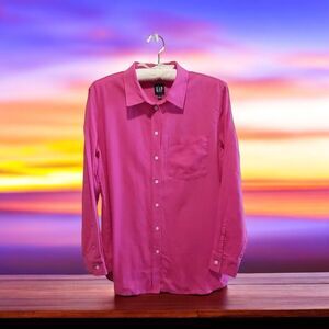 GAP Shirt Linen Blend‎ Pink LSleeve Button Up Collared Lightweight Top Womens L